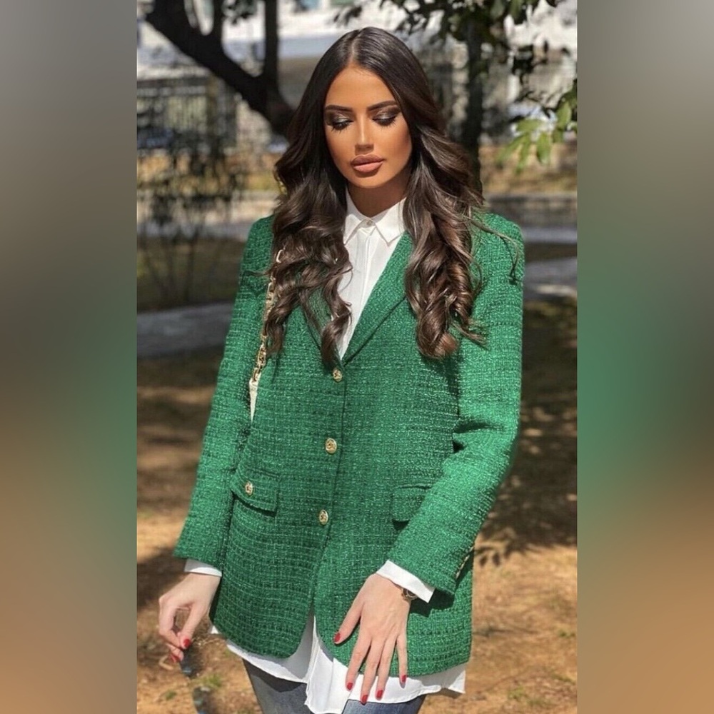 Zara Emerald Green Textured FittedTweed Blazer with Gold Buttons